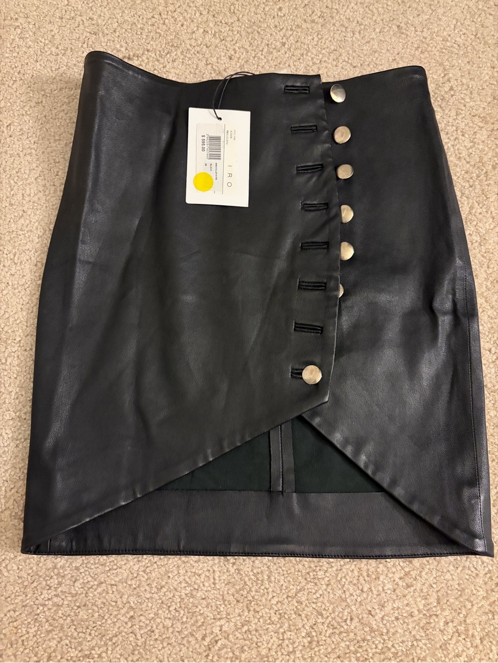 IRO Black Faux-Leather Asymmetrical Mini Skirt with Gold Buttons